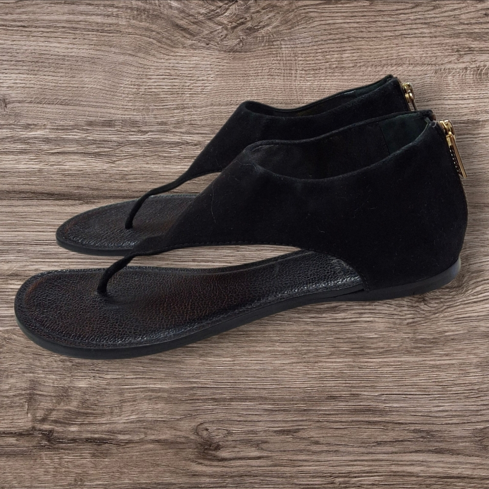 Tory Burch Black Leather Gladiator Heel Zipper Flat Thong Sandals Women Size 7.5 - Picture 3 of 16